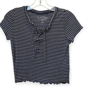 HOLLISTER Striped Lace up Cropped Ribbed Top with Scalloped Edges Small